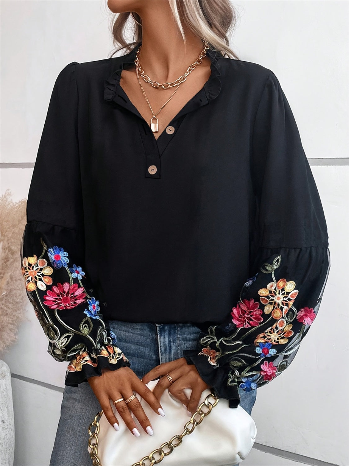 Embroidered Notched Long Sleeve Blouse - The Goddess Galleries