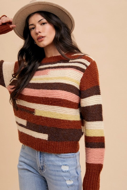 Annie Wear Color Block Round Neck Long Sleeve Sweater - The Goddess Galleries