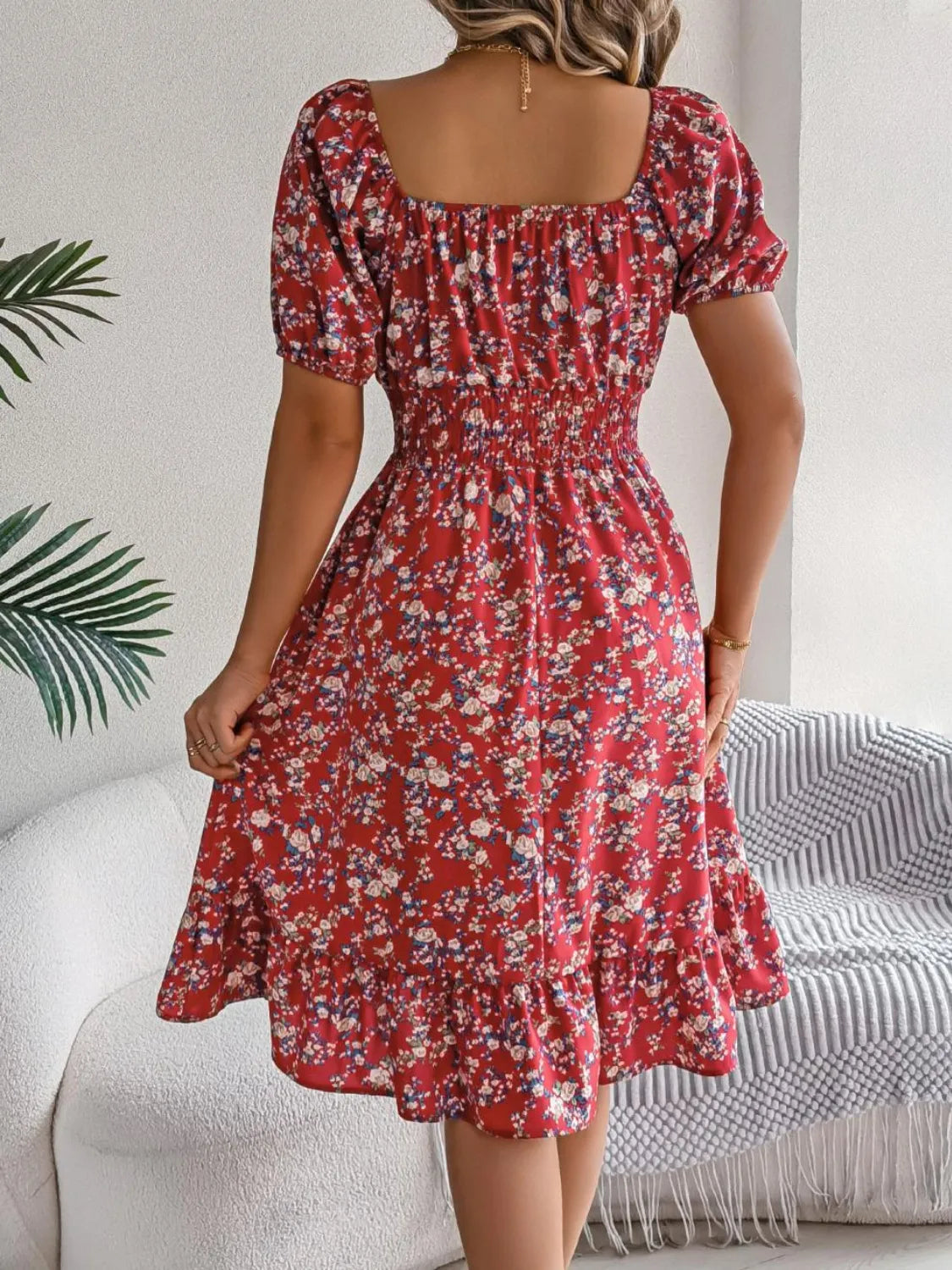 Ruffled Hem Floral Puff Sleeve Dress - The Goddess Galleries
