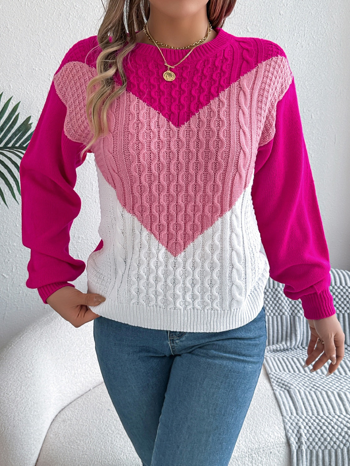 Contrast Round Neck Long Sleeve Sweater - The Goddess Galleries