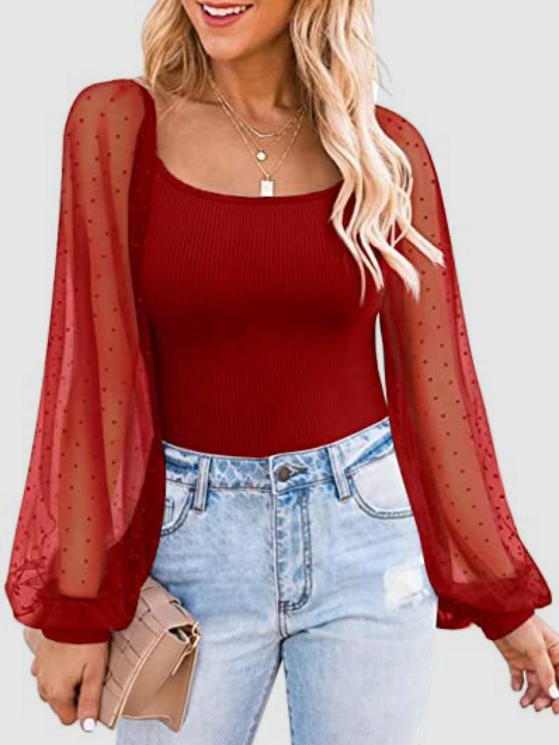 Polka Dot Square Neck Lantern Sleeve Blouse - The Goddess Galleries