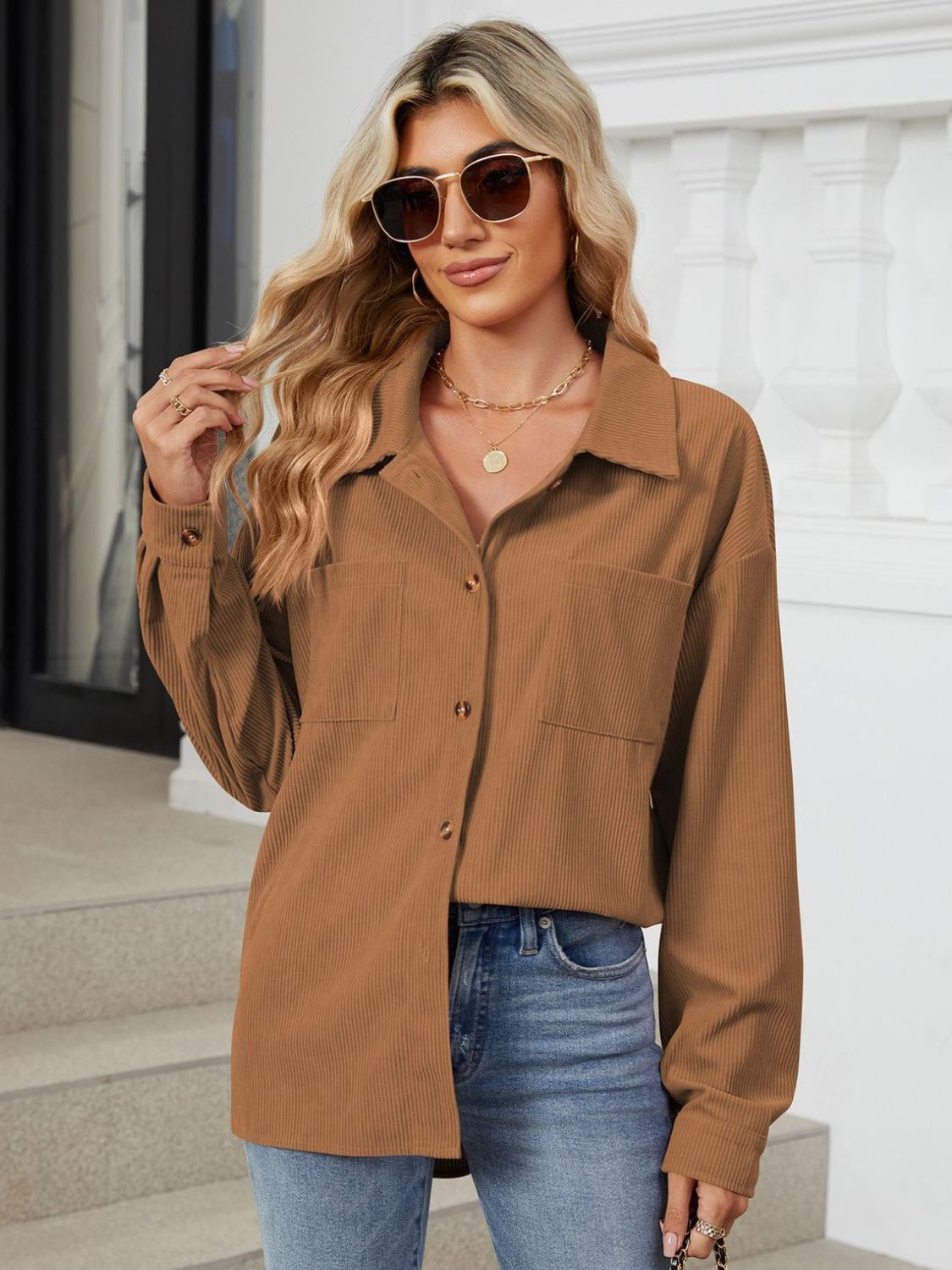 Button Up Long Sleeve Shirt with Breast Pockets - The Goddess Galleries