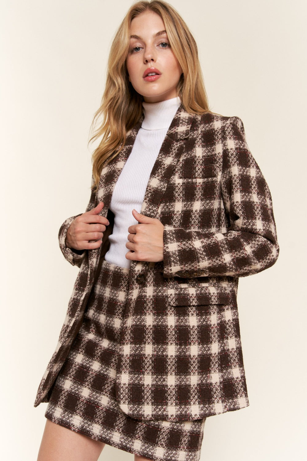 And The Why Full Size Plaid Brushed One Button Blazer - The Goddess Galleries