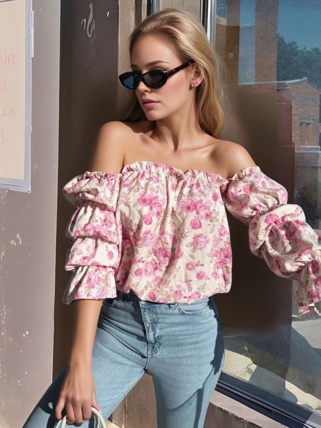 Printed Off-Shoulder Flounce Sleeve Blouse - The Goddess Galleries