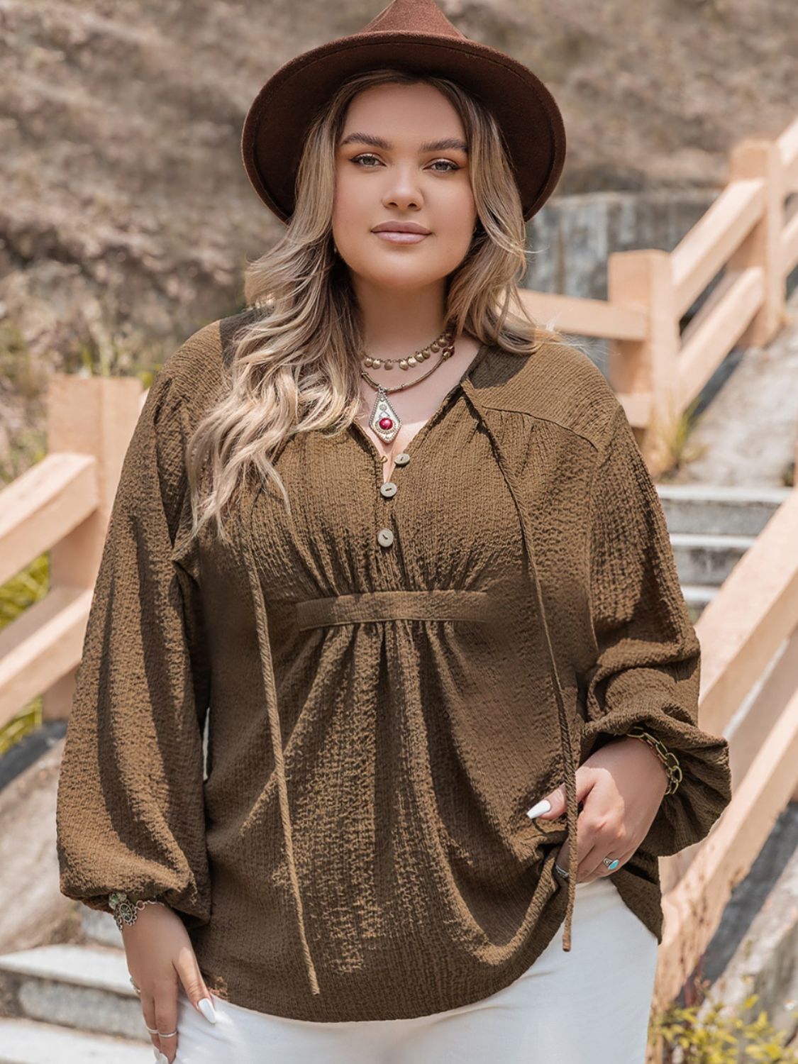 Plus Size Tie Neck Long Sleeve Blouse - The Goddess Galleries