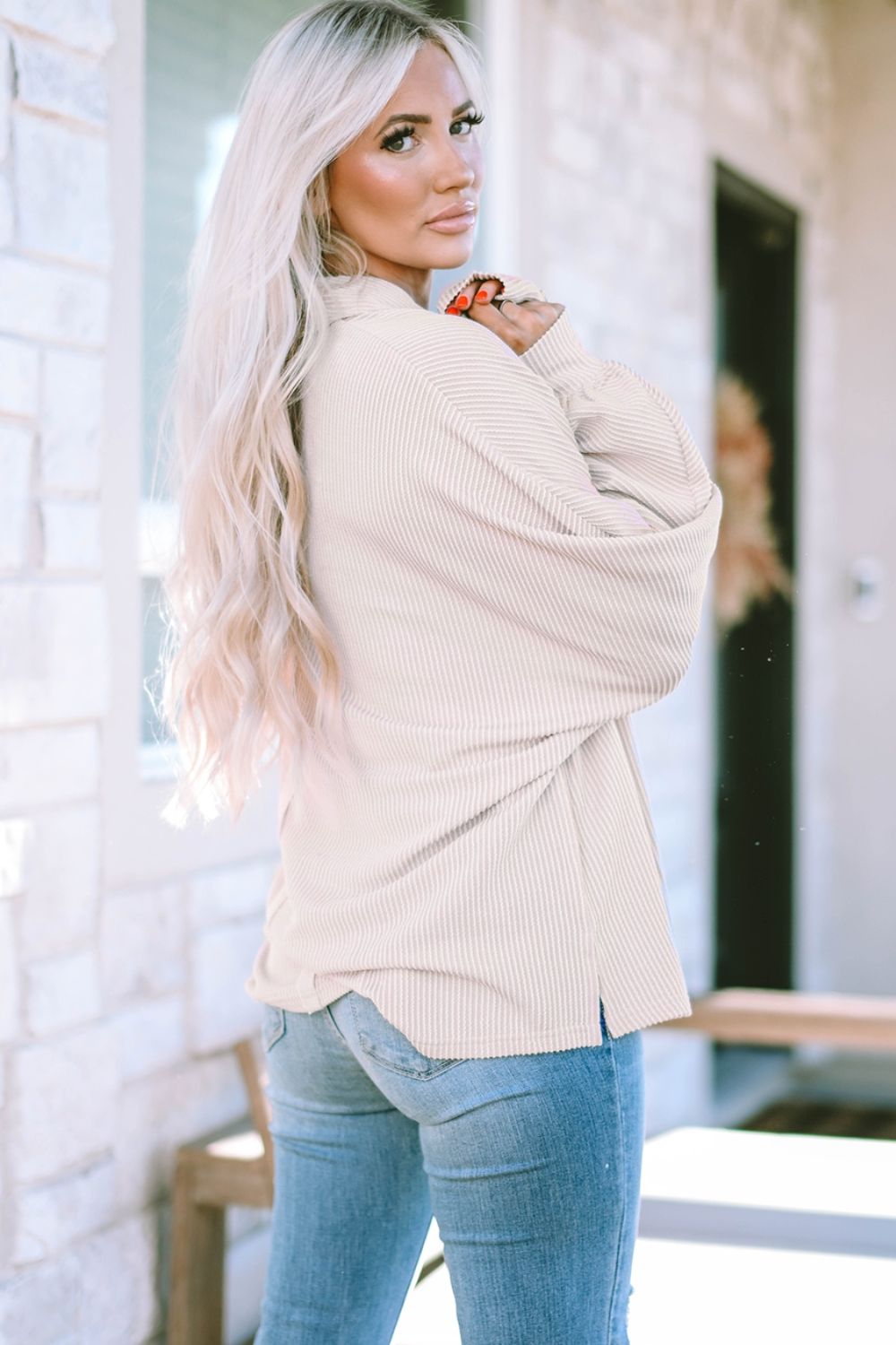 Collared Neck Half Button Long Sleeve Blouse - The Goddess Galleries