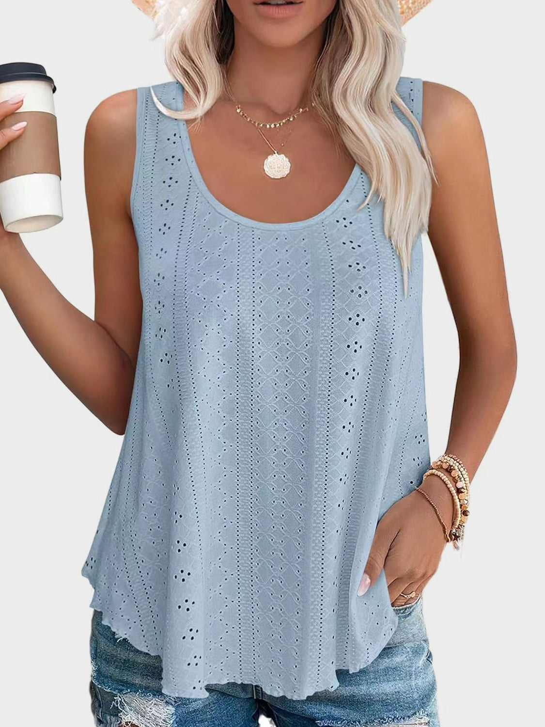Florira Eyelet Round Neck Tank - The Goddess Galleries