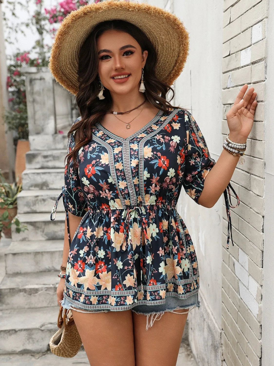 Plus Size Floral V-Neck Half Sleeve Blouse - The Goddess Galleries