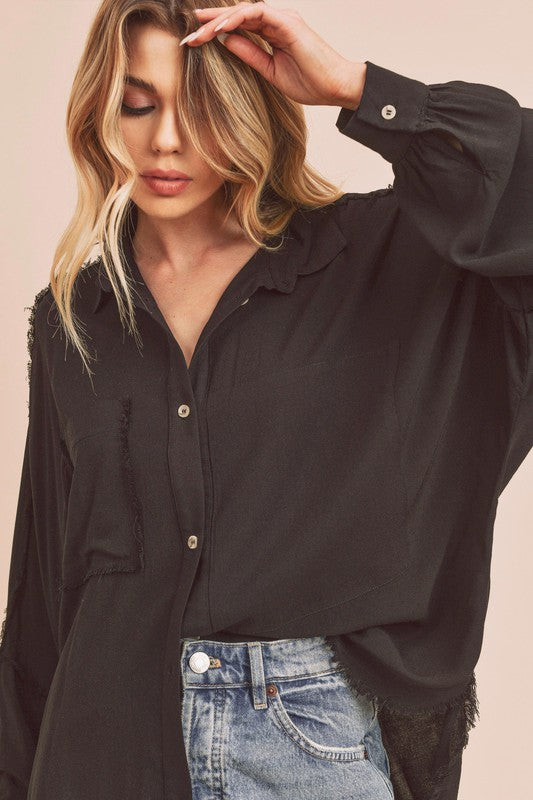 Aemi + Co Raw Edge Exposed Seam Collared Neck Long Sleeve Shirt - The Goddess Galleries