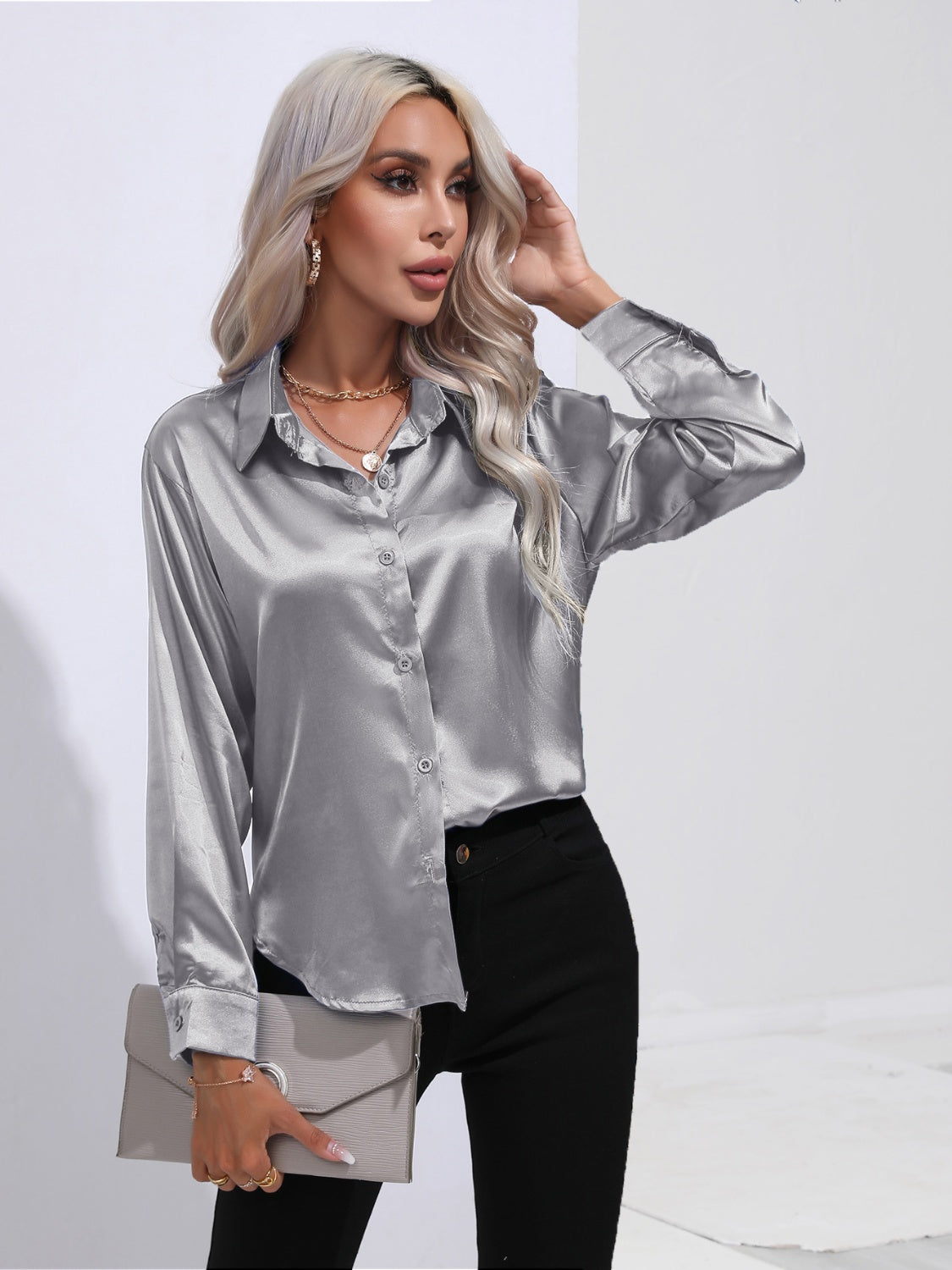 Collared Neck Buttoned Long Sleeve Shirt - The Goddess Galleries