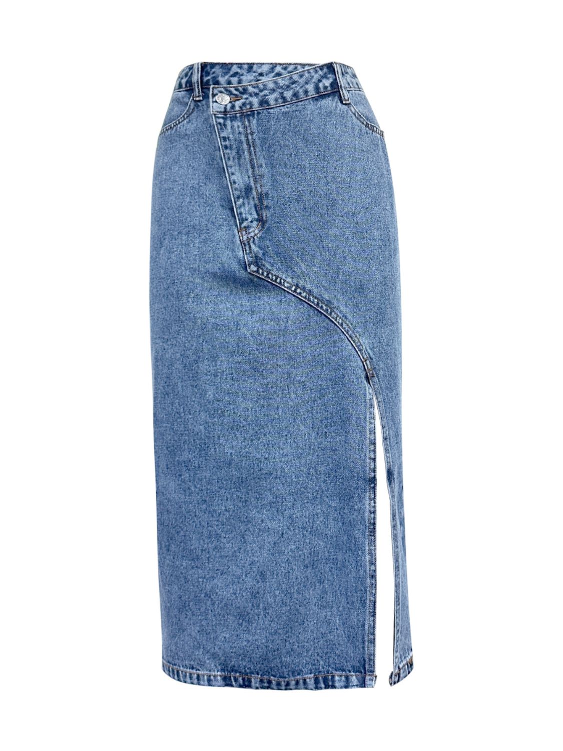 Slit Asymmetrical Waistband Midi Denim Skirt - The Goddess Galleries