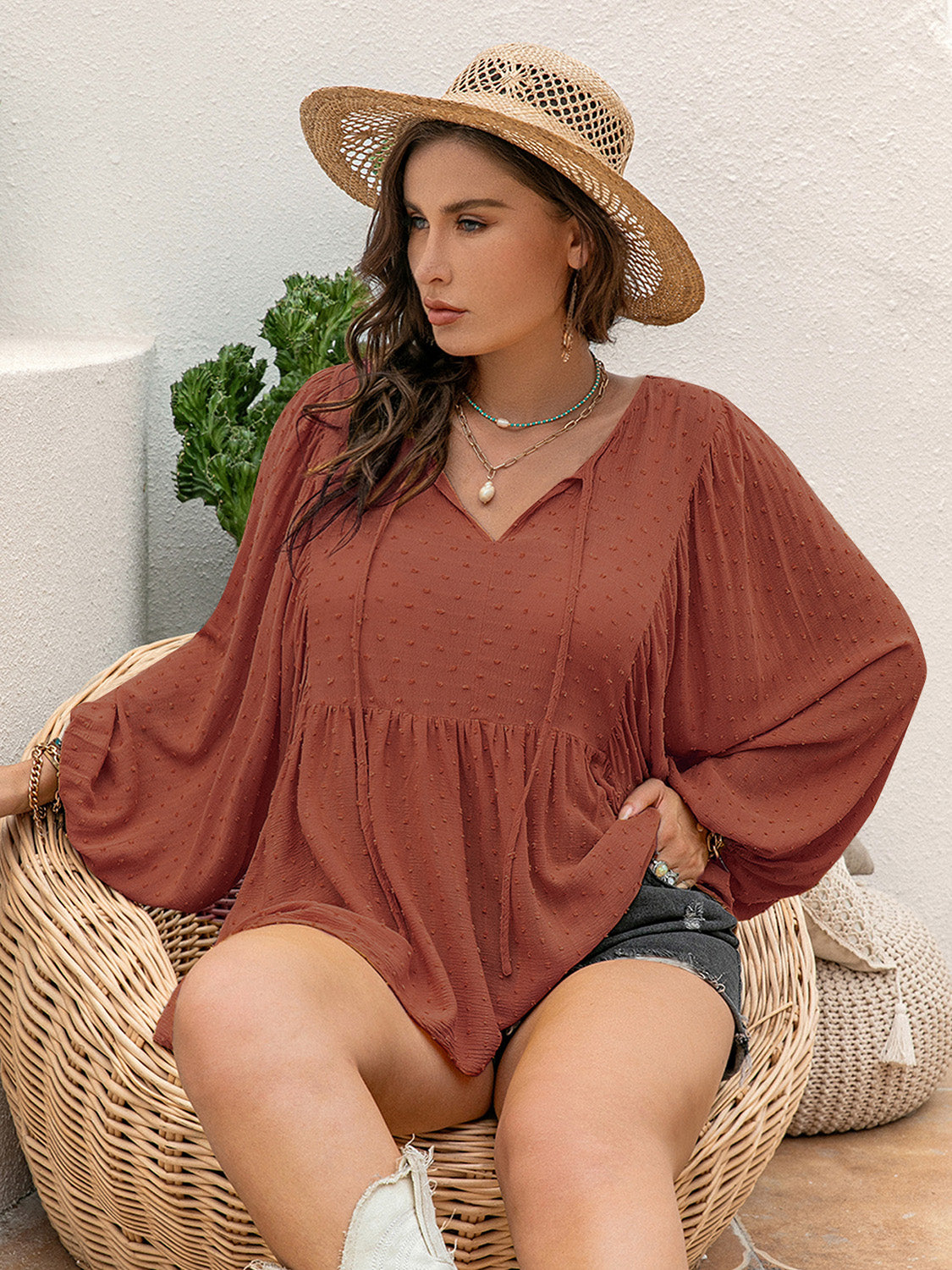 Plus Size Swiss Dot Tie Neck Long Sleeve Blouse - The Goddess Galleries