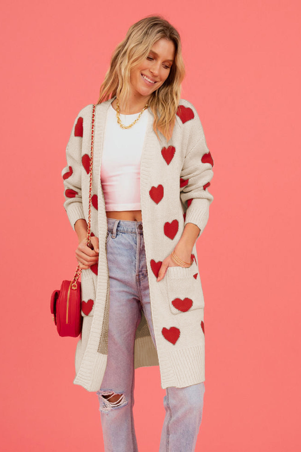 Heart Graphic Open Front Cardigan with Pockets - The Goddess Galleries