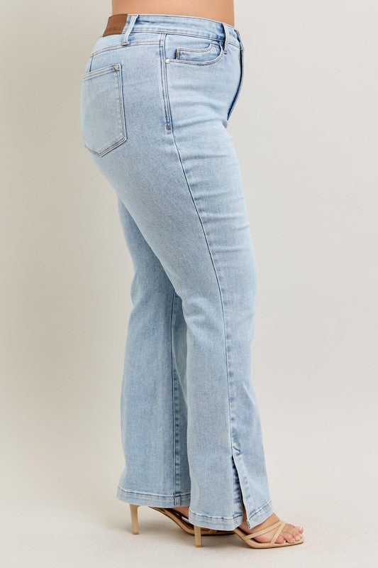 Judy Blue Full Size Tummy Control Vintage Wash Side Slit Slim Boot Jeans Plus Size - The Goddess Galleries