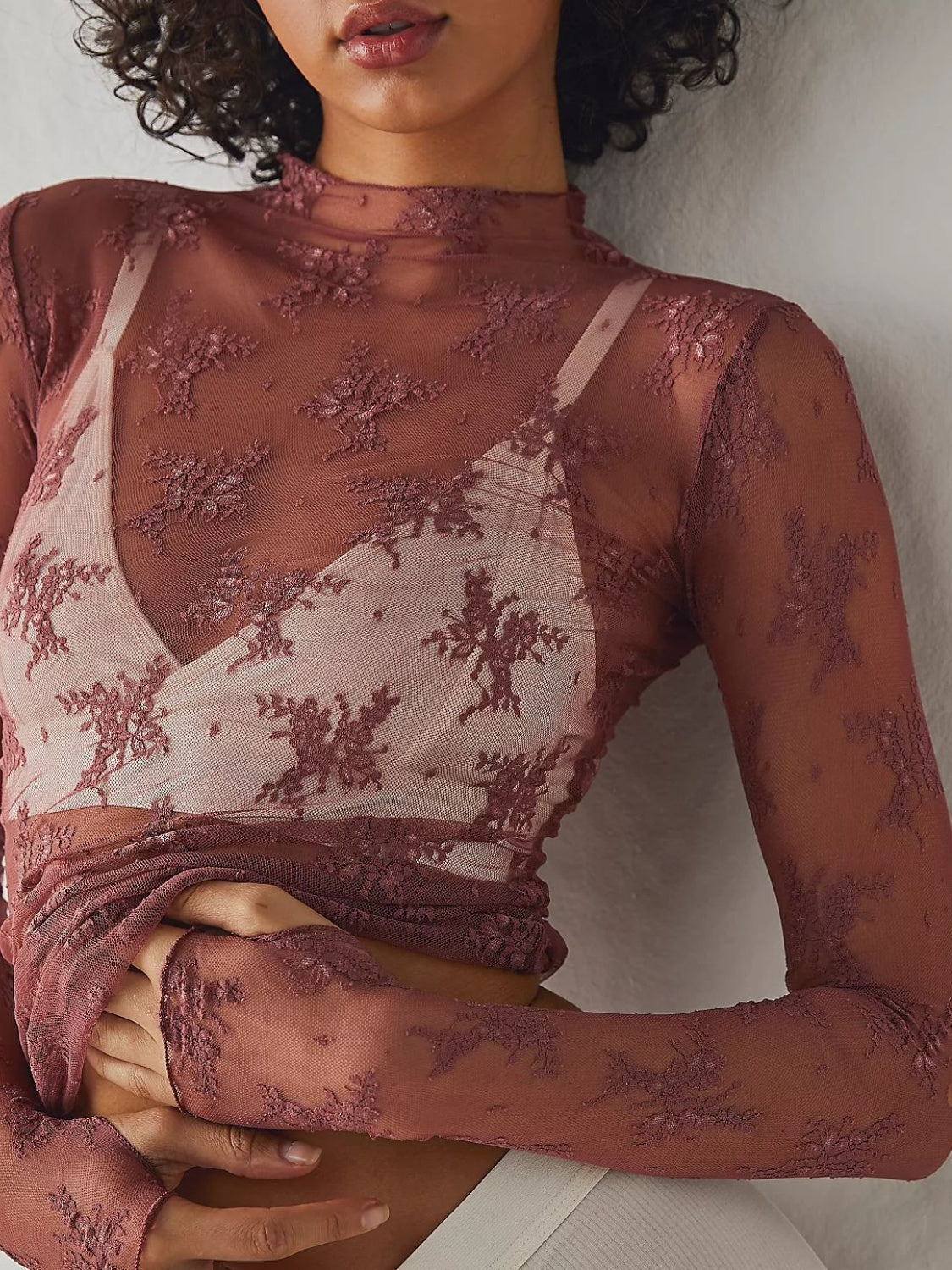 Lace Mock Neck Long Sleeve Blouse - The Goddess Galleries