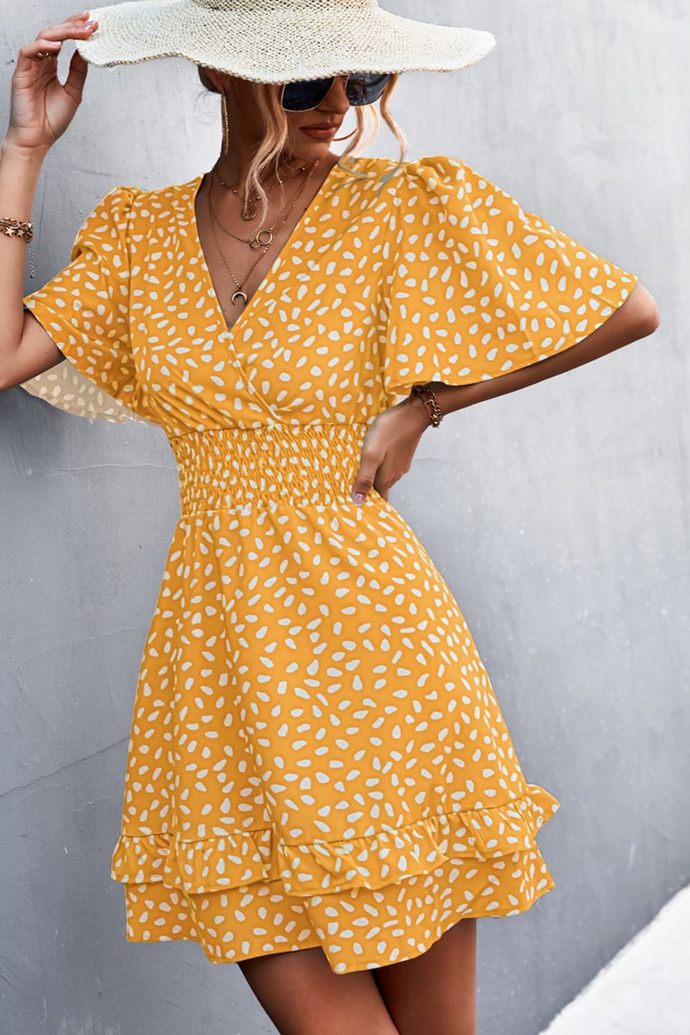 Printed Smocked Waist Layered Surplice Dress - The Goddess Galleries