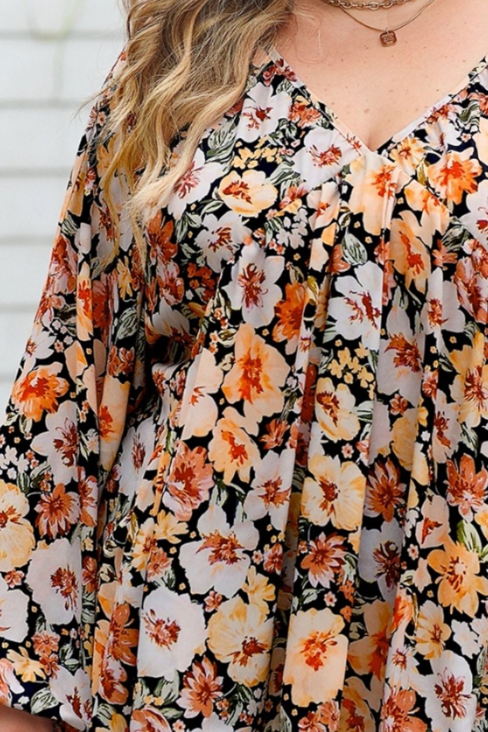Plus Size Floral V-Neck Balloon Sleeve Blouse - The Goddess Galleries