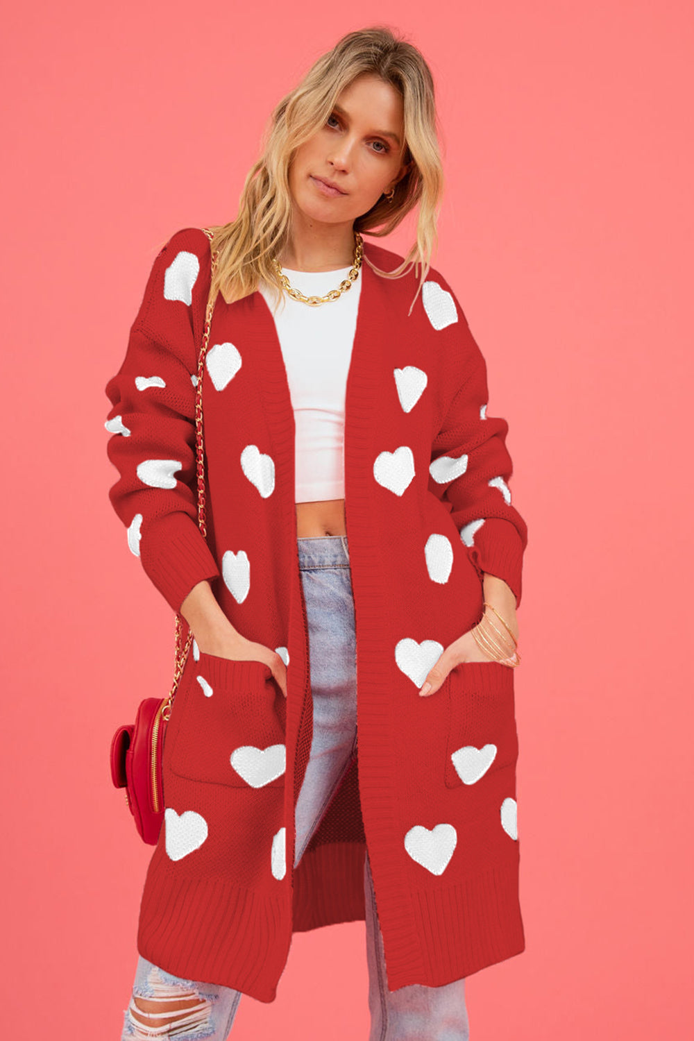 Heart Graphic Open Front Cardigan with Pockets - The Goddess Galleries