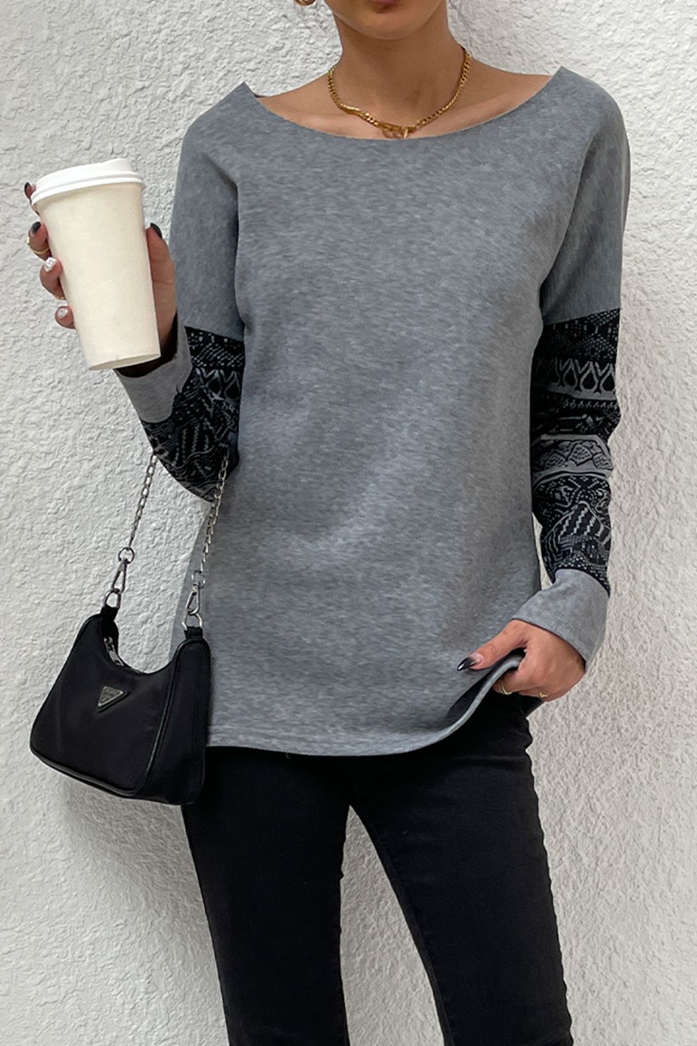 Shiny Boat Neck Long Printed Sleeve Blouse - The Goddess Galleries