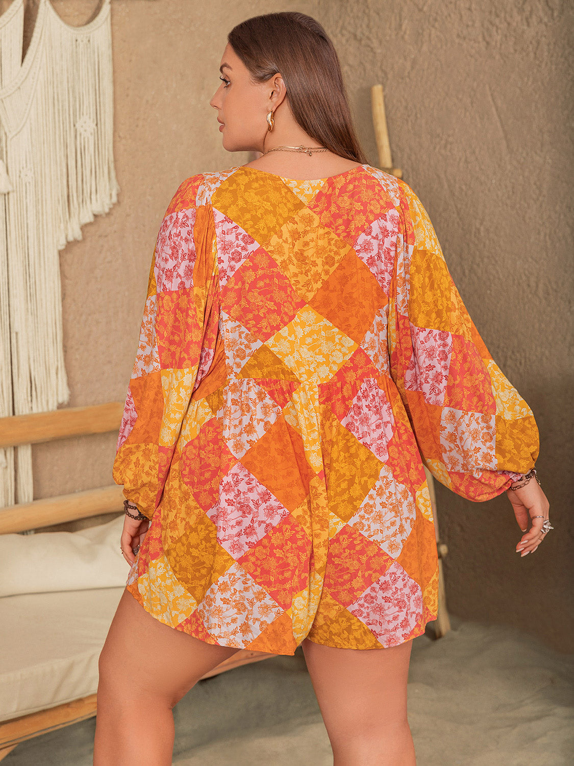 Plus Size Floral Tie Neck Balloon Sleeve Romper - The Goddess Galleries