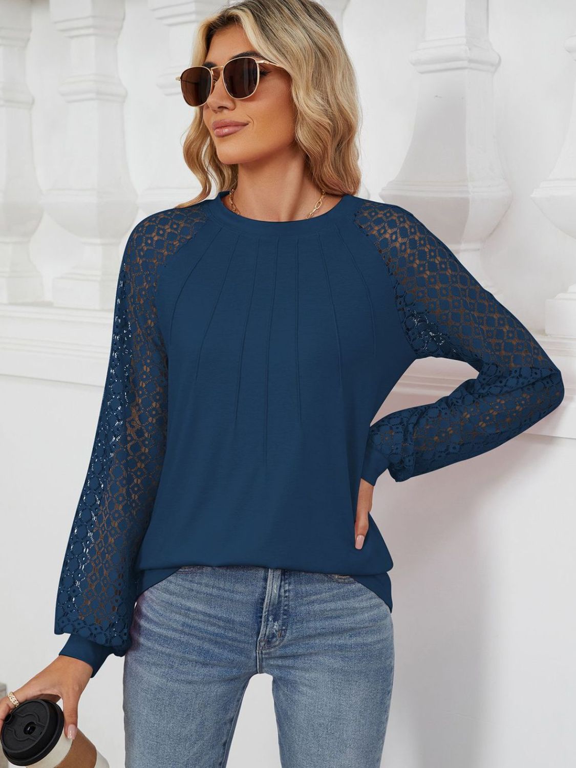 Round Neck Lace Long Sleeve Top - The Goddess Galleries