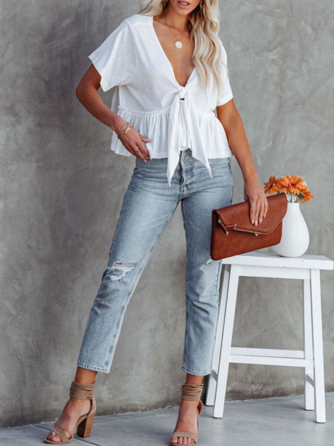 Tied Plunge Short Sleeve Blouse - The Goddess Galleries
