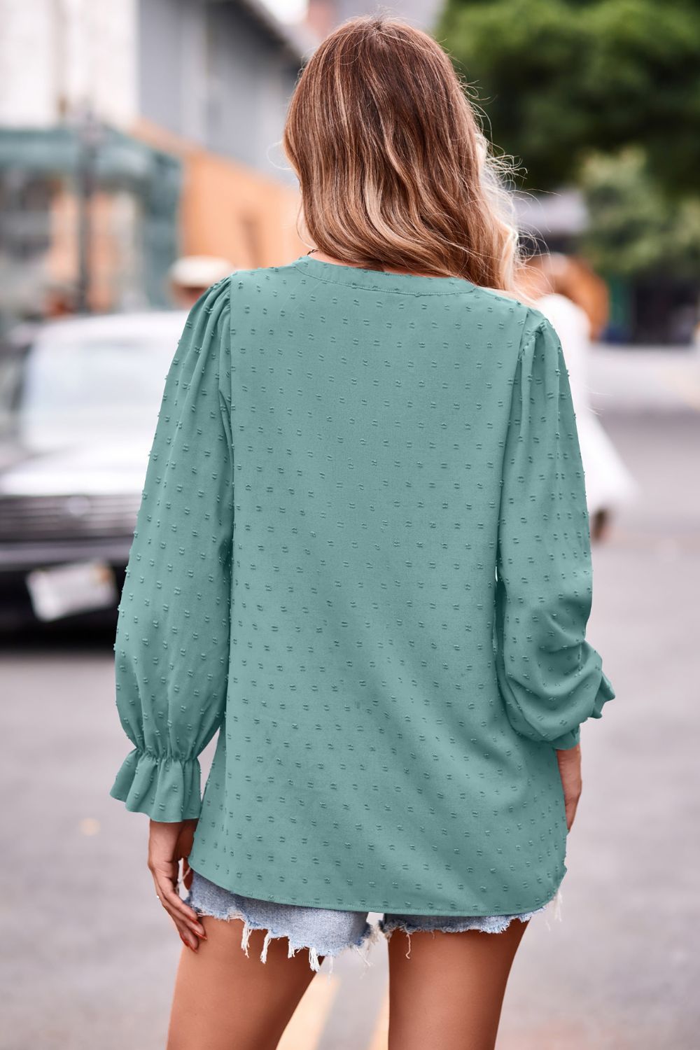 Swiss Dot Notched Neck Flounce Sleeve Blouse - The Goddess Galleries