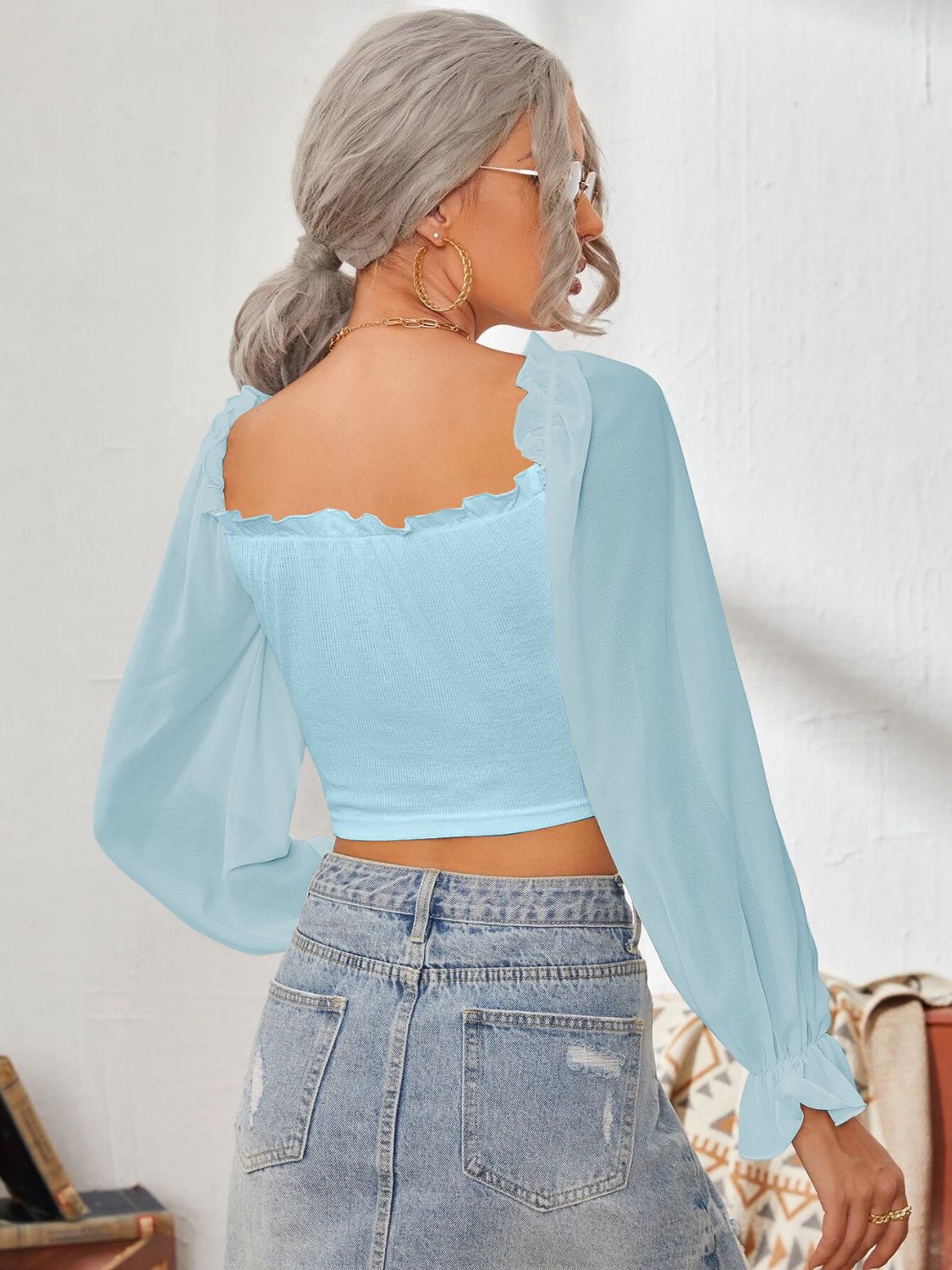 Mesh Sweetheart Neck Flounce Sleeve Top - The Goddess Galleries