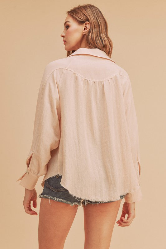 Aemi + Co Raw Hem Button Down Raglan Sleeve Shirt - The Goddess Galleries