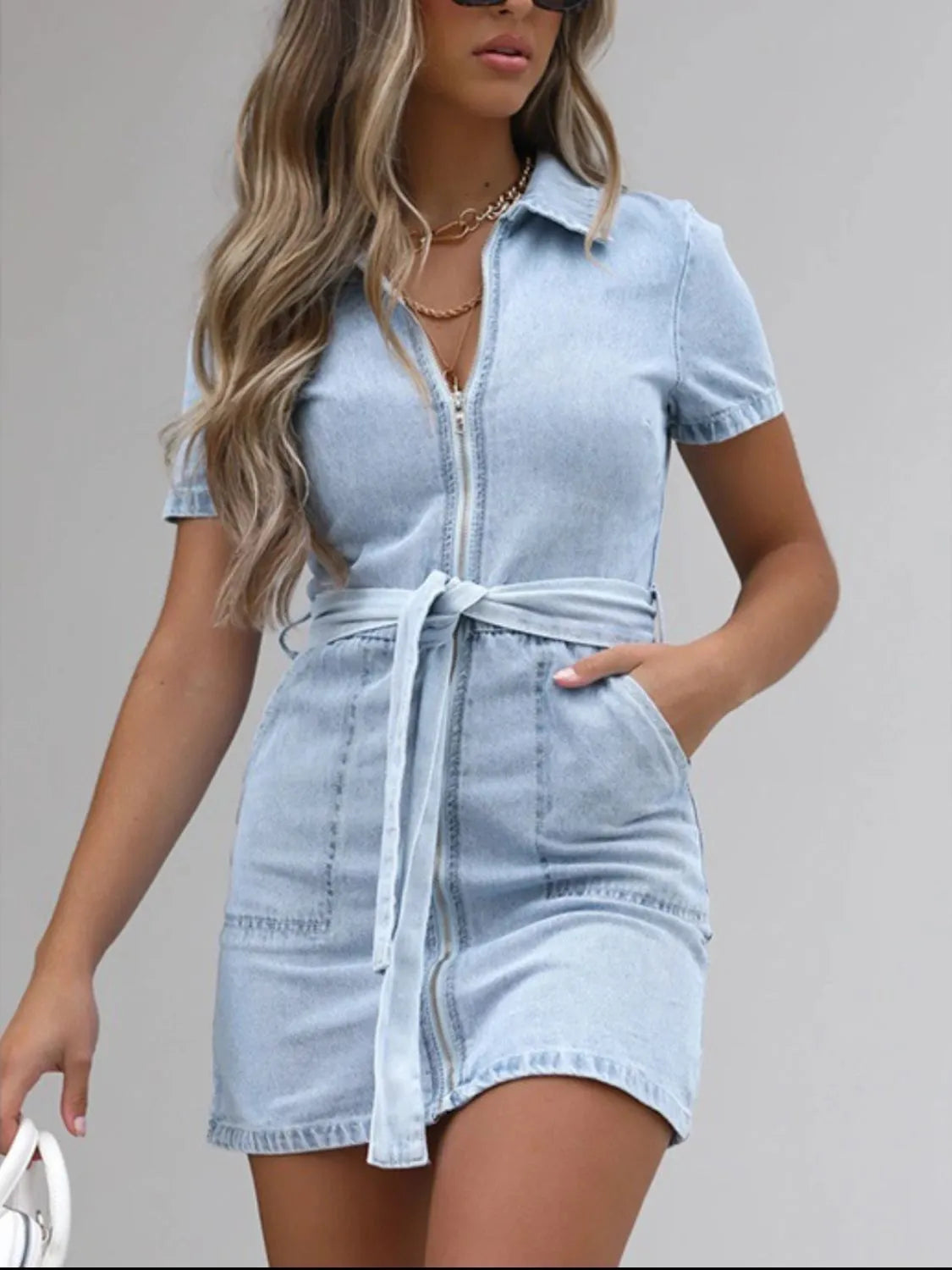 Full Size Zip Front Short Sleeve Denim Dress Plus Size - The Goddess Galleries