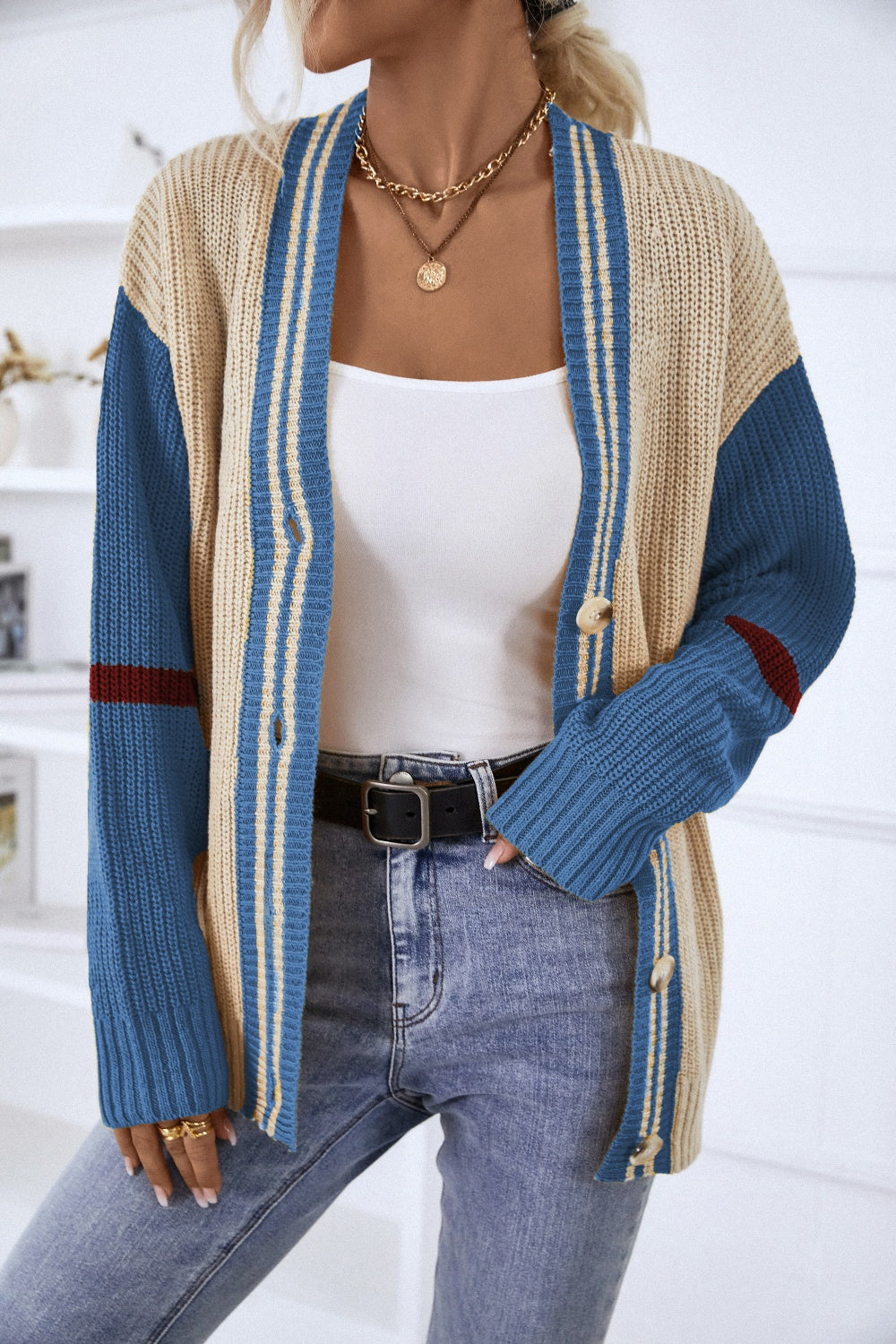 Contrast Button Up Dropped Shoulder Cardigan - The Goddess Galleries