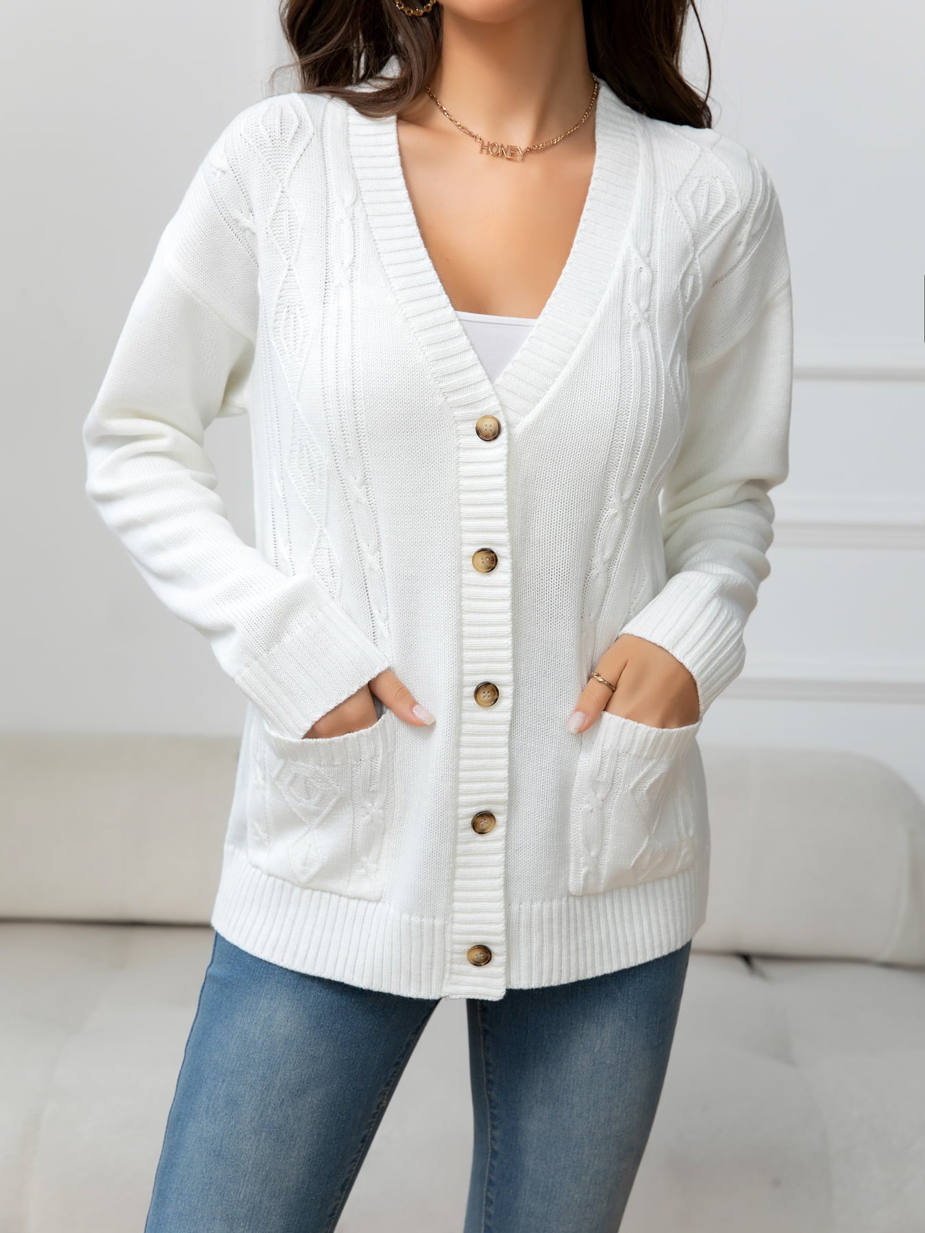 V-Neck Long Sleeve Buttoned Knit Top with Pocket - The Goddess Galleries