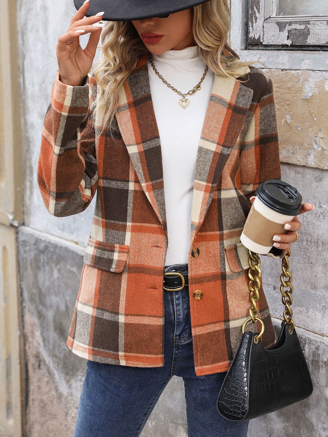 Perfee Plaid Button Down Lapel Collar Blazer - The Goddess Galleries