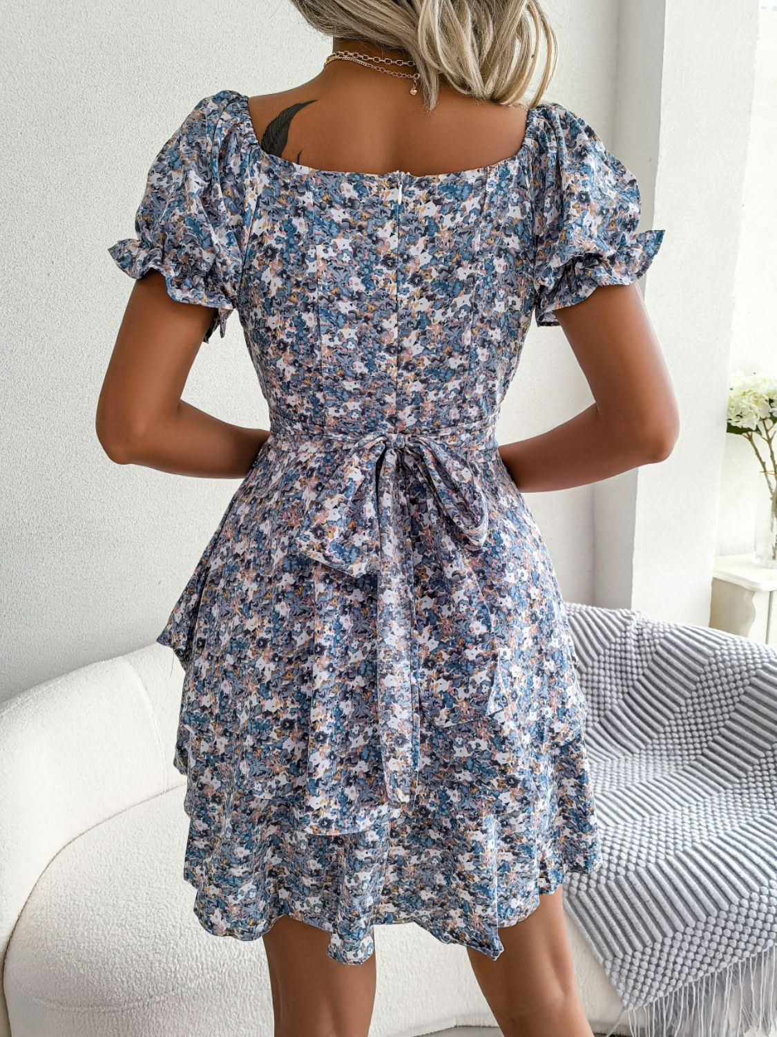 Floral Sweetheart Neck Flounce Sleeve Mini Dress - The Goddess Galleries