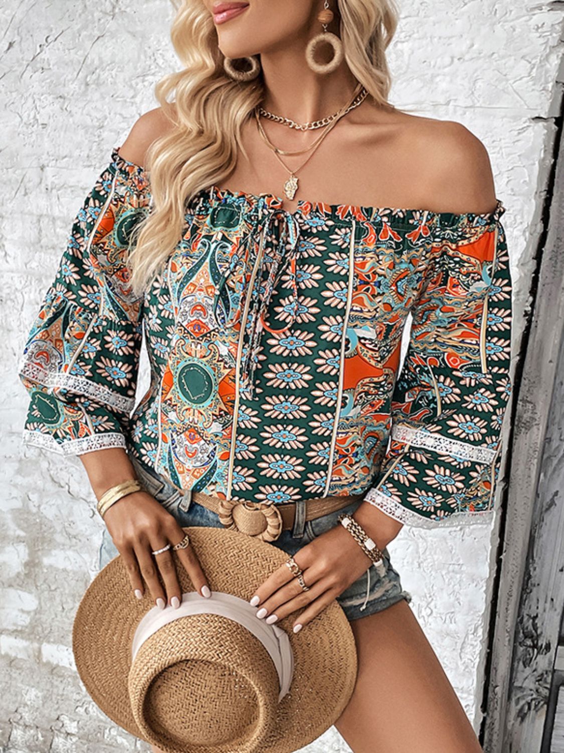Perfee Printed Frill Trim Off-Shoulder Blouse - The Goddess Galleries