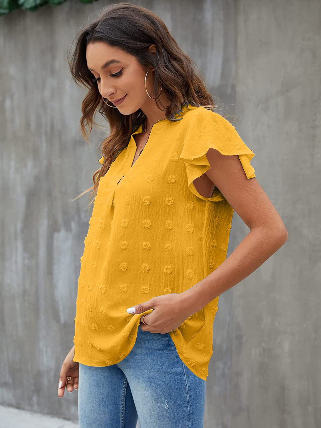 Swiss Dot Notched Flutter Sleeve Blouse - The Goddess Galleries