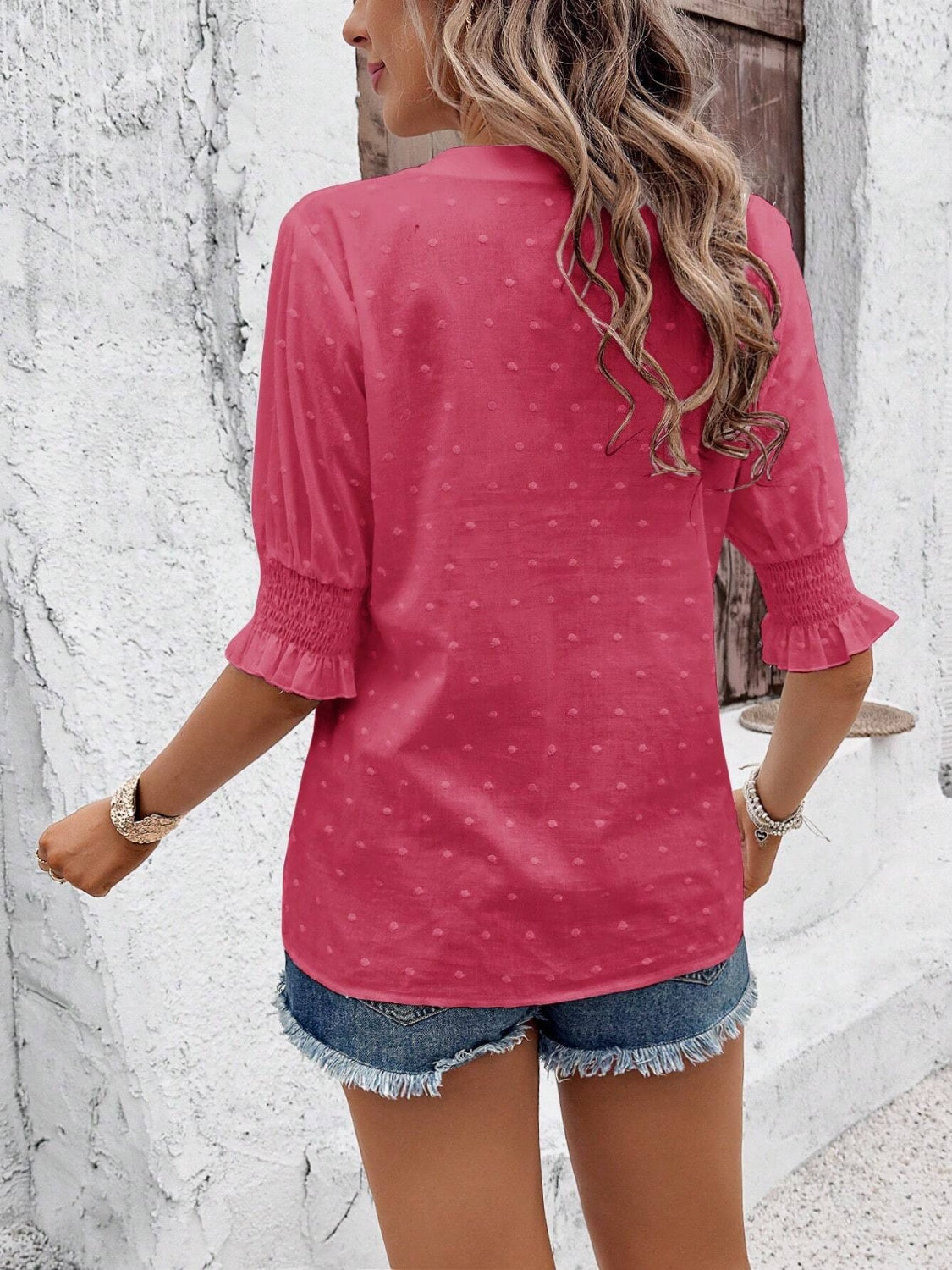 Eyelet Notched Flounce Sleeve Blouse - The Goddess Galleries