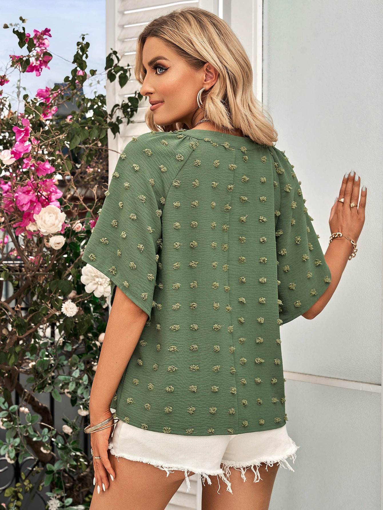 Swiss Dot Notched Neck Flare Sleeve Blouse - The Goddess Galleries