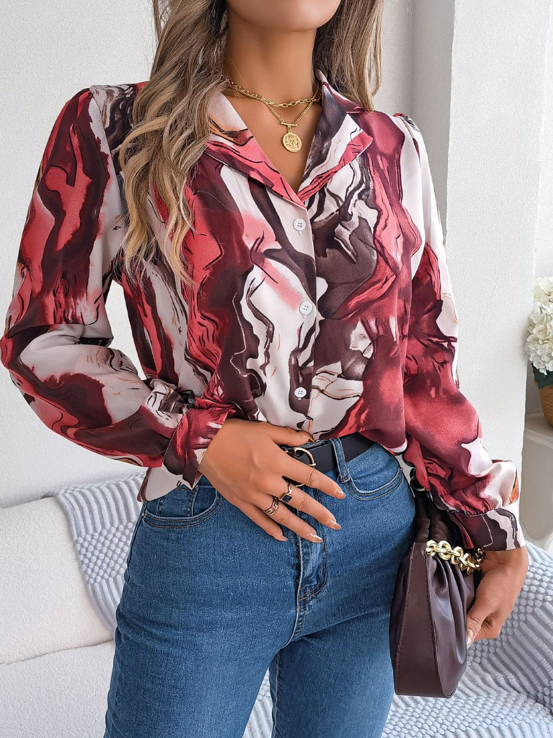 Printed Button Up Long Sleeve Shirt - The Goddess Galleries