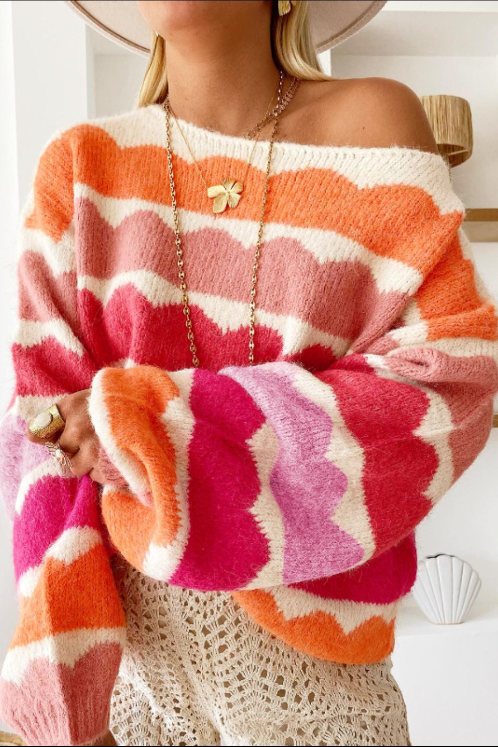 Contrast Boat Neck Long Sleeve Sweater - The Goddess Galleries