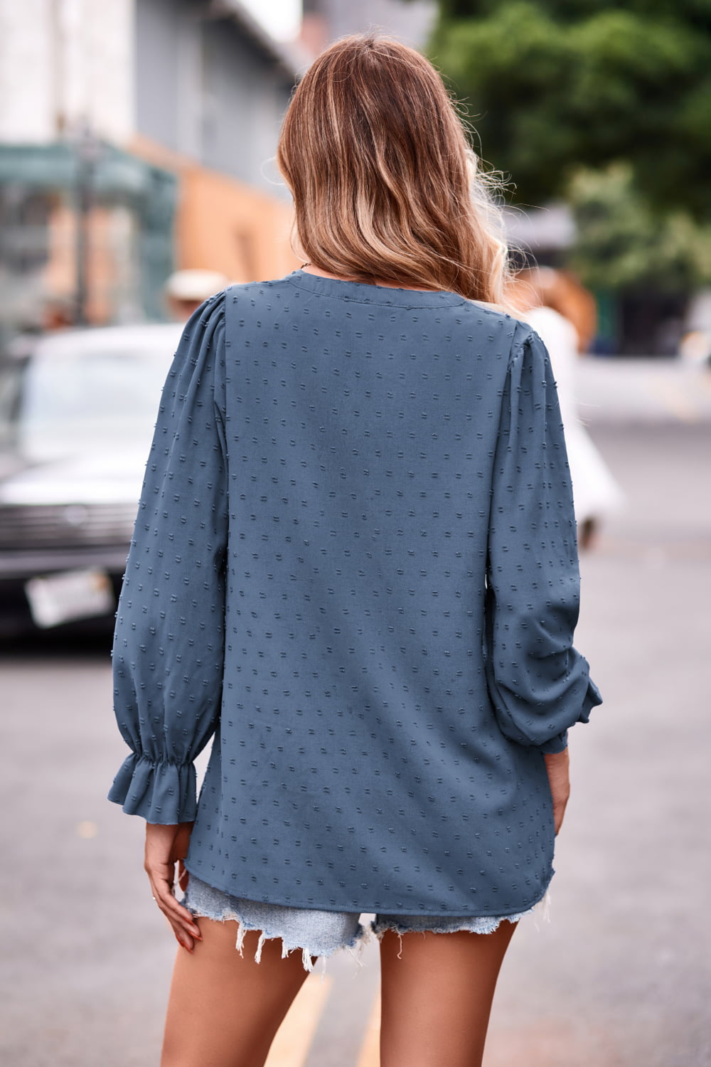 Swiss Dot Notched Neck Flounce Sleeve Blouse - The Goddess Galleries