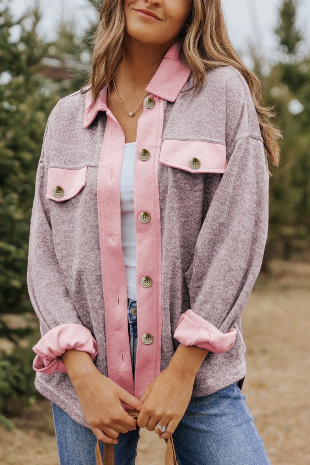 Contrast Trim Button Up Shacket - The Goddess Galleries