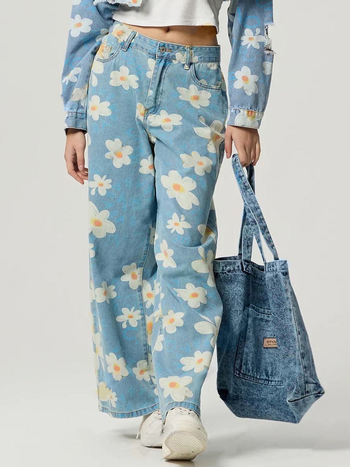 Pocketed Floral Wide Leg Jeans - The Goddess Galleries