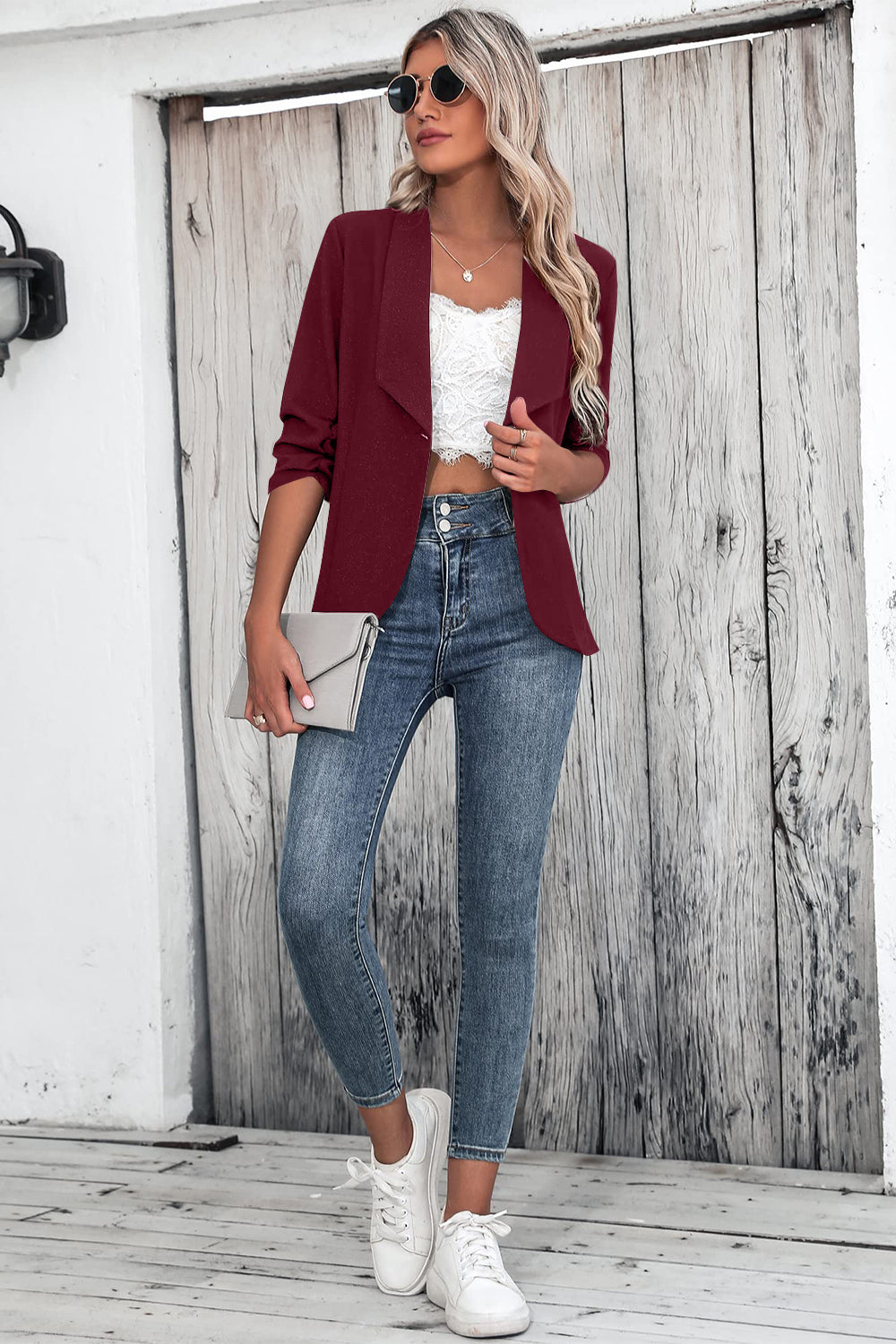 One Button Collared Neck Ruched Sleeve Blazer - The Goddess Galleries