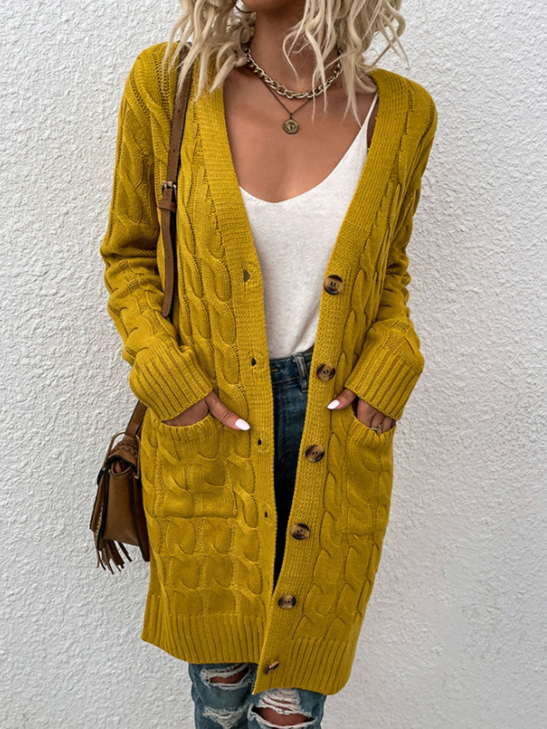 Cable-Knit Button Down Cardigan with Pockets - The Goddess Galleries