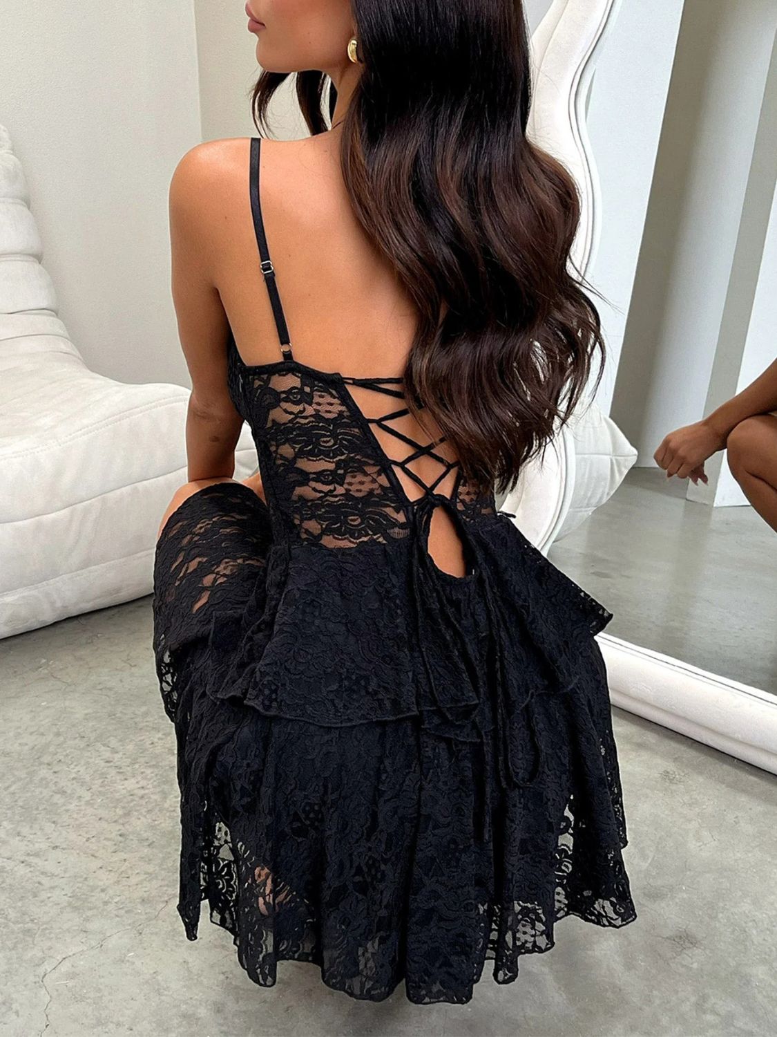 Devine Lace-Up Layered Lace Mini Cami Dress - The Goddess Galleries
