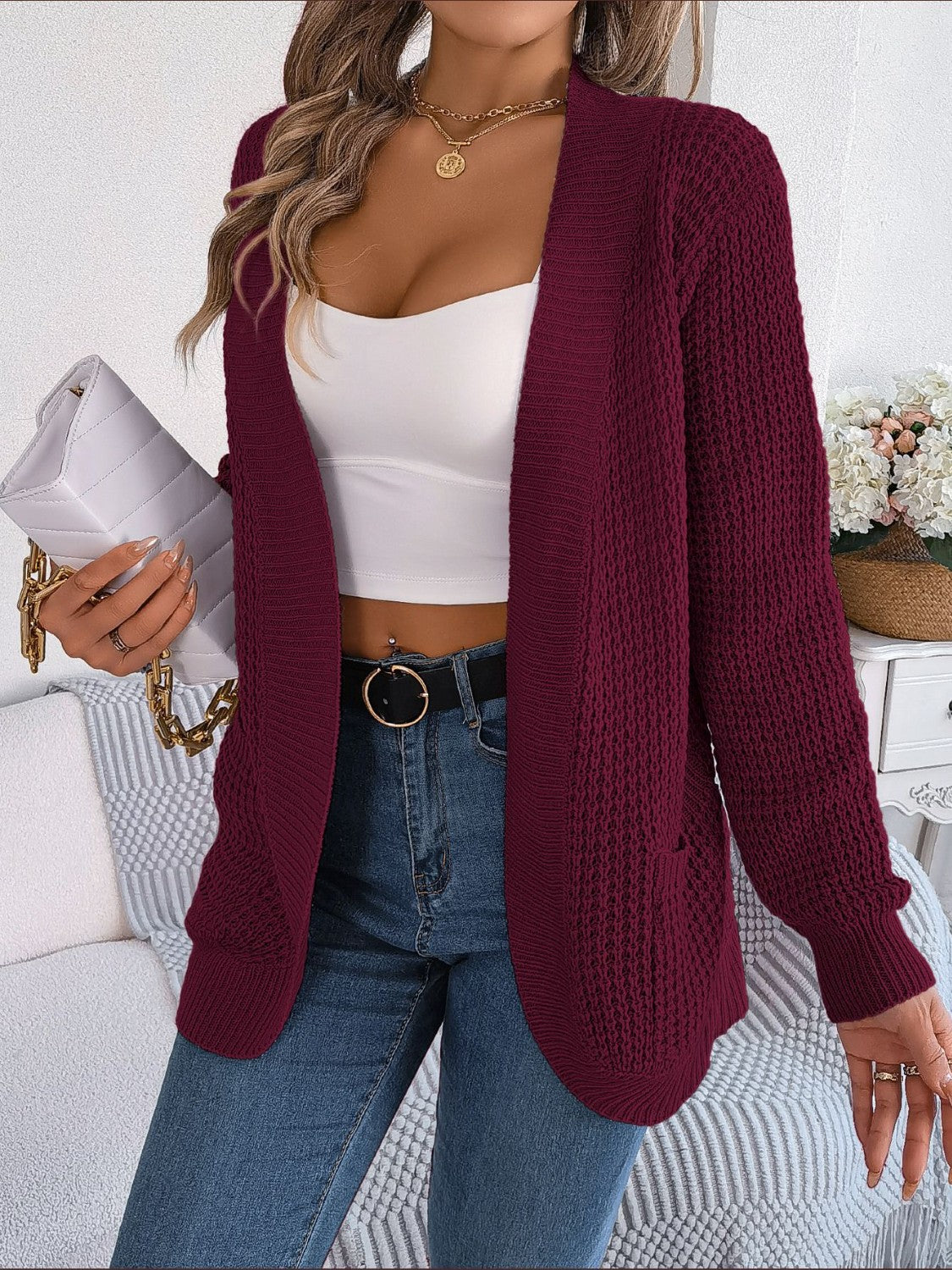 Open Front Long Sleeve Cardigan with Pockets - The Goddess Galleries