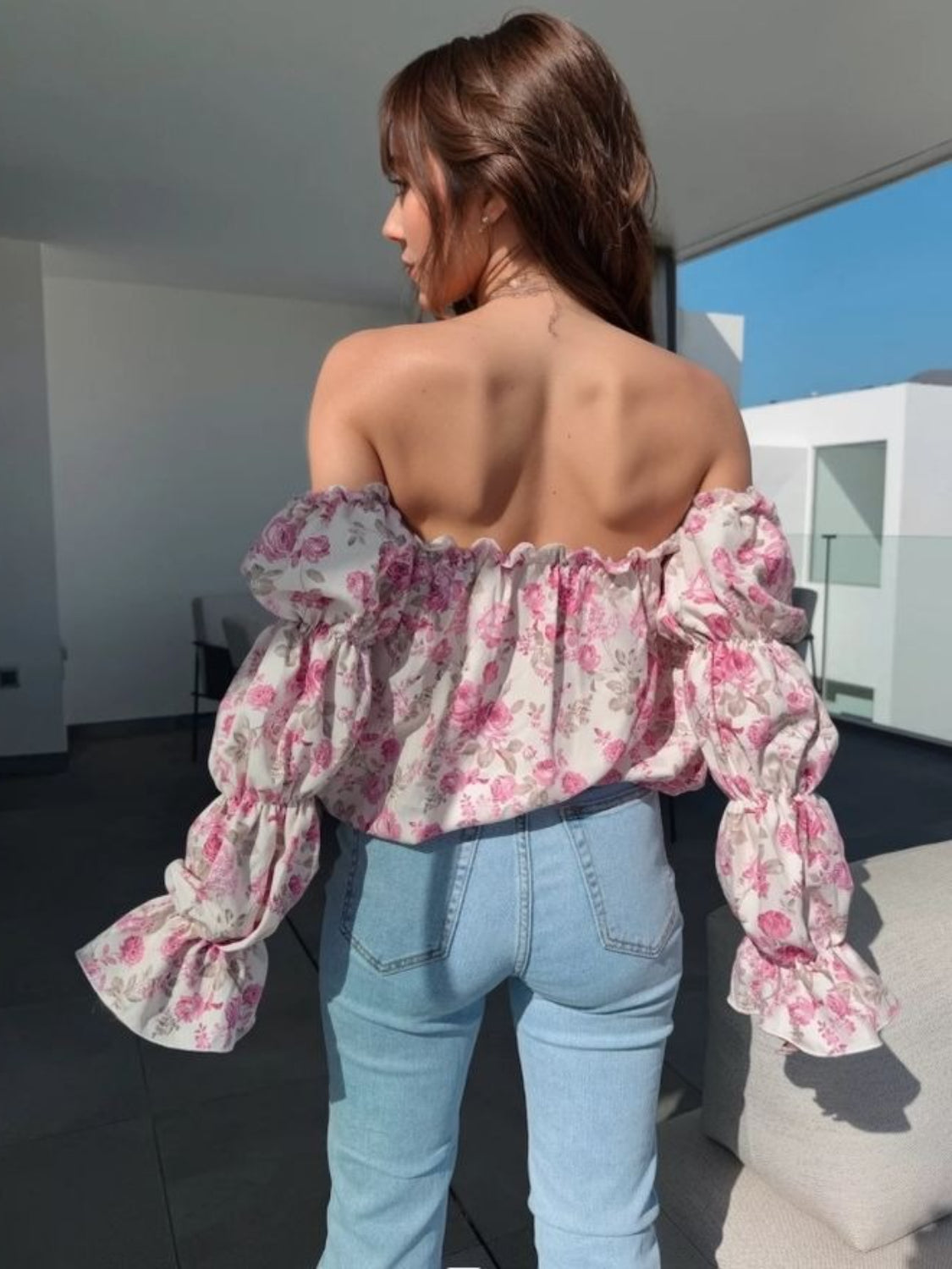 Printed Off-Shoulder Flounce Sleeve Blouse - The Goddess Galleries