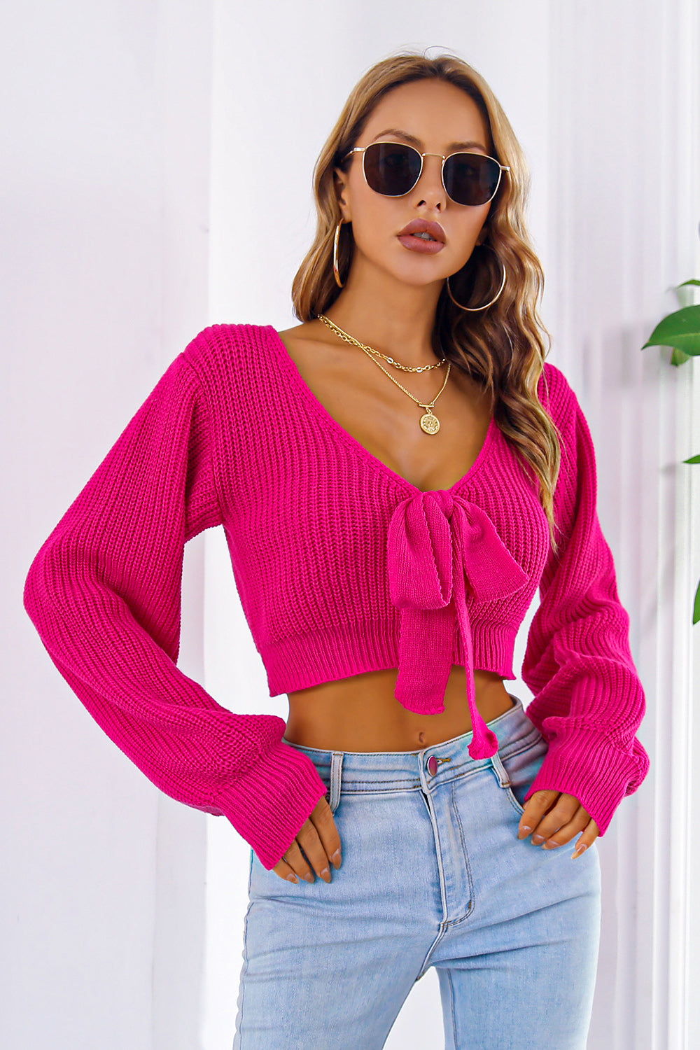 Bow V-Neck Long Sleeve Cropped Sweater - The Goddess Galleries