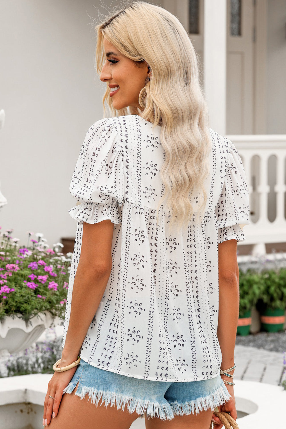 Embroidered Round Neck Flounce Sleeve Blouse - The Goddess Galleries